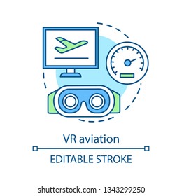 VR aviation concept icon. Flight simulator. VR pilot training. Virtual reality applies. Simulated digital technologies idea thin line illustration. Vector isolated outline drawing. Editable stroke