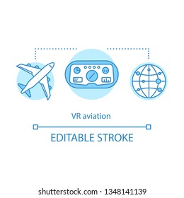 VR Aviation Concept Icon. Pilot Training And Simulation. In-flight Simulator. Virtual Reality Training Airlines Personal Idea Thin Line Illustration. Vector Isolated Outline Drawing. Editable Stroke