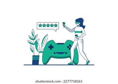 VR blue outline concept with people scene in the flat cartoon design. Girl plays computer games in a virtual space with a game pad and VR glasses. Vector illustration.