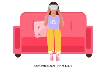 VR Box. 3D glasses of virtual reality The girl sits on a sofa wearing glasses of virtual reality. Flat bright illustration on a white background. Vector. Close-up.