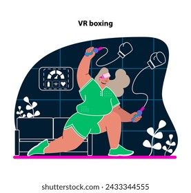 VR boxing. Punch and weave with virtual reality boxing sessions. Engage in high-energy workouts from anywhere. Digital fitness that packs a punch. Flat vector illustration.