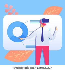 VR Business Presentation Flat Vector Illustration. Man in Eyewear Cartoon Character. Businessman Wearing Headset, Working with Financial Statement. Corporate Analytics in Virtual Reality