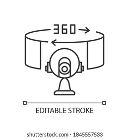 VR camera linear icon. 360 degree observation angle. Innovative panoramic shot with device. Thin line customizable illustration. Contour symbol. Vector isolated outline drawing. Editable stroke
