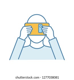 VR cardboard color icon. Virtual reality platform. Hand made VR headset with smartphone. Virtual reality player. Isolated vector illustration