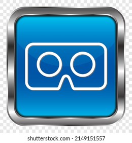 Icono simple de cartón Vr. Diseño plano. Botón cuadrado azul metálico. cuadrícula transparente.ai