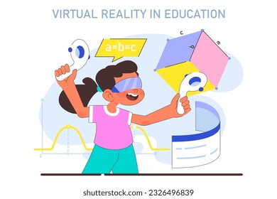 VR en educación infantil. Niña pequeña aprendiendo con ayuda de inteligencia artificial. Niños aprendiendo programación e ingeniería en meta universo. Ilustración de vector plano