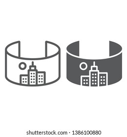 VR city line and glyph icon, virtual and town, virtual city sign, vector graphics, a linear pattern on a white background, eps 10.