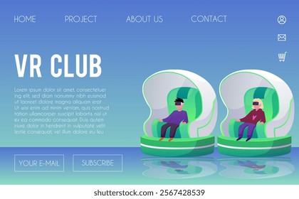 VR club landing page vector design. Kids in VR glasses playing in Virtual reality videogames attraction. Simulation experience sitting on moving seat. Cartoon augmented reality entertainment