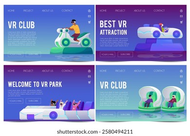 VR club landing page vector designs set. Kids in VR glasses playing in Virtual reality videogames attractions. Cartoon augmented reality simulation sitting on moving seat in a car or motorbike