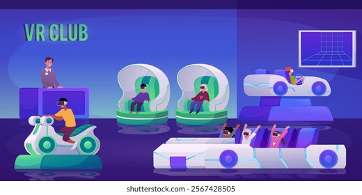 VR club vector flat illustration. Kids in VR glasses playing in Virtual reality videogames attractions. Cartoon augmented reality simulation sitting on moving seat in a car or motorbike