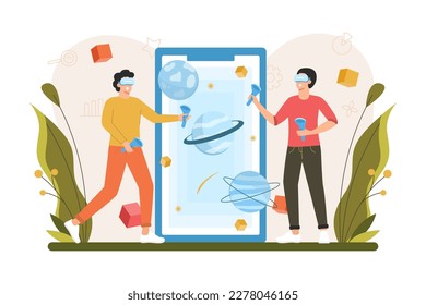 VR color concept with people scene in the flat cartoon design. Two friends play computer games in a virtual space. Vector illustration.