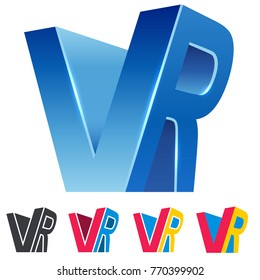 VR Combined Letters Virtual Reality Blue 3D Sign. Black and White and Color Variants for Print. Labels for Marking Video Games, 360 Videos, Virtual Tours or Devices Supporting VR Technology. Vector.