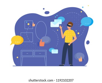 VR communication and entertainment scene with male character. Man in his room wears virtual glasses and looks at the messenger symbols, emails and likes. Vector illustration, flat style.