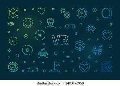 VR concept colored horizontal illustration in thin line style. Virtual Reality concept banner on dark background