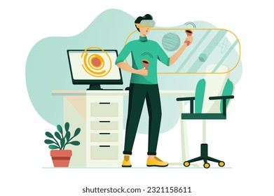Concepto de VR con la escena de la gente en el estilo de dibujo plano. Un tipo juega con gafas VR y otros aparatos. Ilustración vectorial.