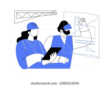 VR in construction abstract concept vector illustration. Group of contractors testing VR headset during construction process, building innovation, modern AI technology abstract metaphor.