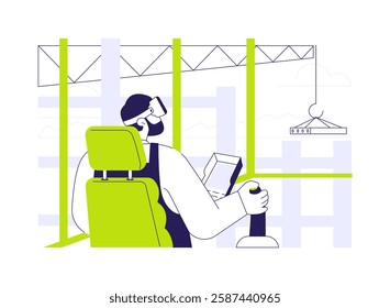 VR in construction abstract concept vector illustration. Man with VR glasses deals with tower crane simulation, virtual and augmented reality, modern technology, 3D modeling abstract metaphor.