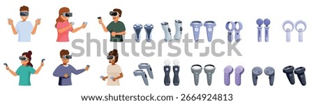  VR controller icons set. People using vr goggles and controllers experiencing virtual reality technology