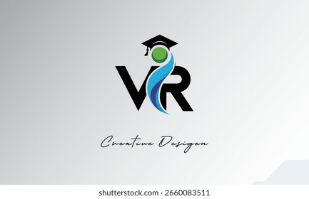 VR Creative Letter Logo with Graduation Cap and Abstract Human – Modern Education and Learning Symbol Design