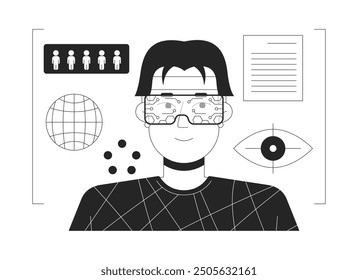 VR data analytics black and white flat line illustration. Augmented reality headset man asian 2D lineart character isolated. Data analysis in virtual reality monochrome vector outline image