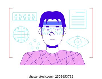 VR data analytics cartoon flat illustration. Augmented reality headset man asian 2D character isolated on white background. Future technology. Data analysis in virtual reality scene vector color image