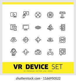 VR Device icons. Set of line icons. Panoramic camera, screen, gaming. Virtual reality concept. Vector illustration can be used for topics like modern technology, photography, panorama