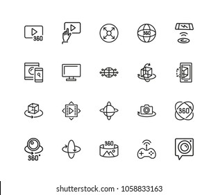 VR Device icons. Set of twenty line icons. Panoramic camera, screen, gaming. Virtual reality concept. Vector illustration can be used for topics like modern technology, photography, panorama