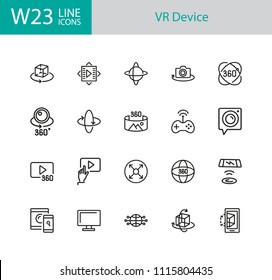 VR Device icons. Set of twenty line icons. Panoramic camera, screen, gaming. Virtual reality concept. Vector illustration can be used for topics like modern technology, photography, panorama