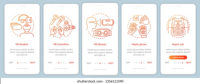 VR devices onboarding mobile app page screen with linear concept. Virtual reality glasses, controller, gloves, haptic suit walkthrough steps graphic instructions. UX, UI, GUI vector template with icon