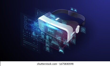 VR devices, virtual glasses and controllers, virtual reality goggles, joystick, tools for playing electronic video games in digital cyber space. Futuristic poster.