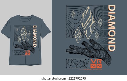 VR- DIAMOND, oversize stylish t-shirt and apparel abstract design . Vector print, typography, poster. Global swatches, symbol, vintage design