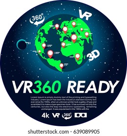 VR earth 360 degrees  sticker label or banner for the gadget sell with globe in space, stars , moon & icons