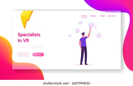 Vr Education, Entertainment and Augmented Reality Scene Website Landing Page. Man Wearing Virtual Glasses Looking at Virtual Solar System Projection Web Page Banner. Cartoon Flat Vector Illustration