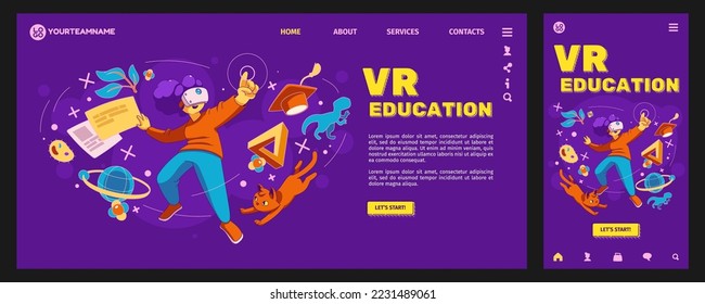 Página de inicio de educación VR y conjunto de plantillas de aplicación móvil. Ilustración vectorial contemporánea de una estudiante que usa un auricular de malabarismo de realidad virtual, una interfaz conmovedora, tecnología moderna para estudiar