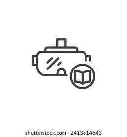 Icono de línea de educación de VR. signo de estilo lineal para concepto móvil y diseño web. Icono vectorial de contorno de libro y auriculares VR. Símbolo, ilustración del logotipo. Gráficos vectoriales