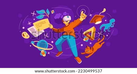 Vr education in metaverse augmented reality concept. Contemporary girl in glasses connected to virtual reality. Character immersion into cyberspace digital platform. Cartoon linear vector illustration