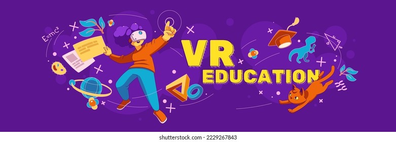 VR education poster. Concept of virtual reality technologies, metaverse for learning. Girl student in VR glasses and icons of different sciences, vector illustration in contemporary style