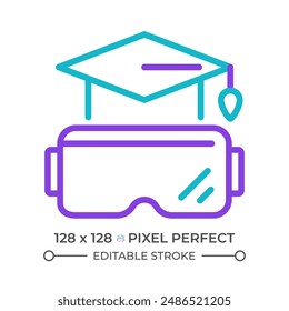 VR y educación icono de línea de dos colores. Aprendizaje y formación inmersivos. Gafas inteligentes y gorra de graduación símbolo de contorno bicolor. Pictograma lineal de duotono. Ilustración aislada Trazo editable