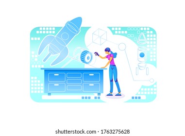 VR engineering program 2D vector web banner, poster. Engineer with glasses of virtual reality flat characters on cartoon background. Simulator for entertainment. Planning in cyberspace colorful scene