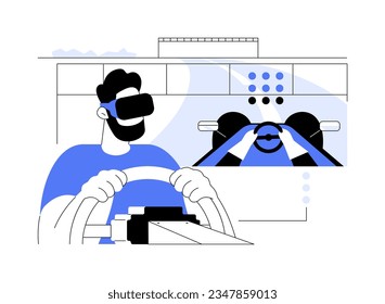 VR in entertainment abstract concept vector illustration. Man in VR glasses playing game, virtual racing, virtual and augmented reality, modern technology, leisure time abstract metaphor.