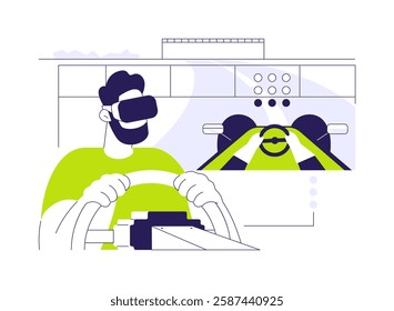 VR in entertainment abstract concept vector illustration. Man in VR glasses playing game, virtual racing, virtual and augmented reality, modern technology, leisure time abstract metaphor.