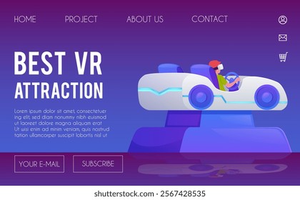 VR entertainment website web page banner illustration with a character wearing glasses in a gaming car. Virtual reality attraction. Digital leisure advertisement. Online store. text space. Vector.