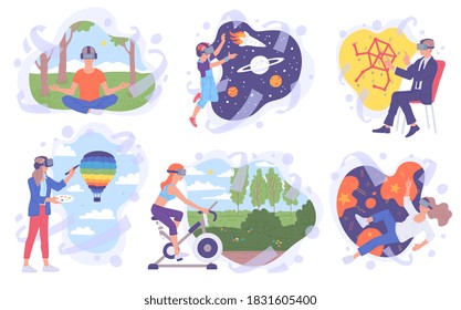 VR entertainments set with people using virtual reality glasses for education and entertainment, flat vector illustration isolated on white background.