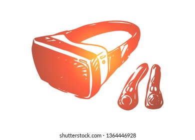 VR, equipment, reality, technology, glasses, game concept. Hand drawn virtual reality glasses and joystick concept sketch. Isolated vector illustration.