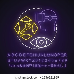 Vr Escape Room Neon Light Concept Icon. Virtual Reality Idea. Glowing Sign With Alphabet, Numbers And Symbols. Digital Mystery Game Simulation. Innovative Entertainment. Vector Isolated Illustration