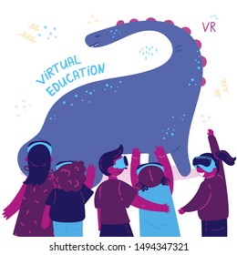 Excursión de RV.Un grupo de niños emocionados mirando un dinosaurio en realidad virtual usando gafas de realidad virtual. Los niños juegan y aprenden.Usando la realidad virtual para la educación. Ilustración vectorial.