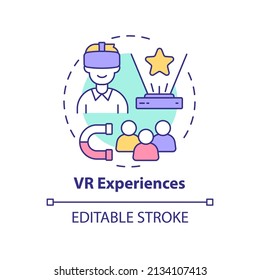 VR experiences concept icon. Customers engaging technology. Digital marketing trend abstract idea thin line illustration. Isolated outline drawing. Editable stroke. Arial, Myriad Pro-Bold fonts used