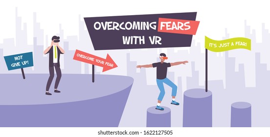 VR fears medicine therapy composition with flat cityscape and people overcoming fear of heights with text vector illustration