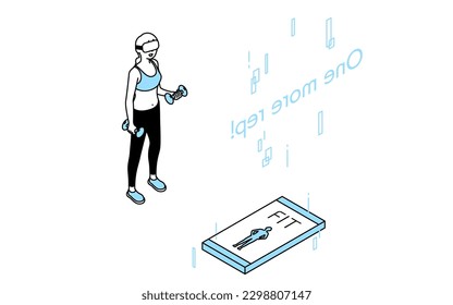 VR fitness, woman wearing VR goggles doing dumbbell training, Vector Illustration