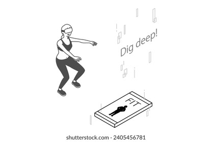 VR fitness, woman wearing VR goggles, training, squatting, Vector Illustration